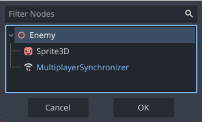 Choosing a node to see the synchronizable properties