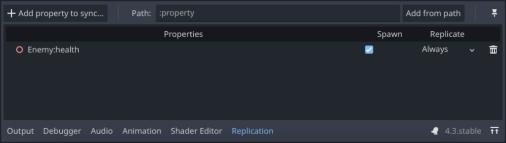 The Replication tab of the MultiplayerSynchronizer showing the newly added "health" property 