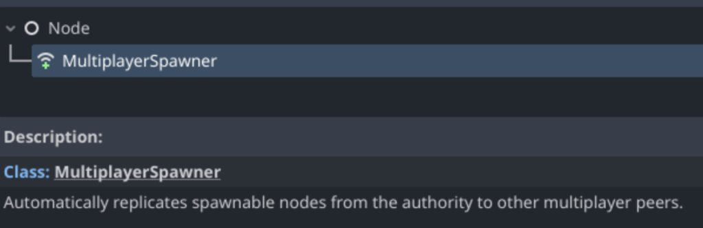 Showing the MultiplayerSpawner node in the node creation window.