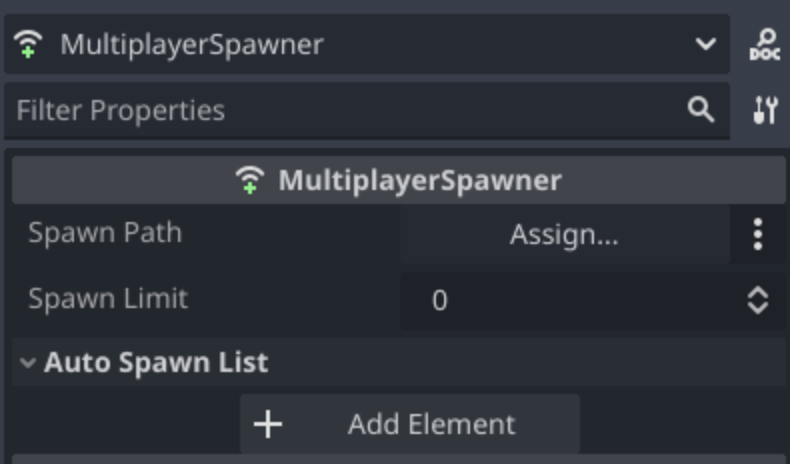 The inspector menu showing the MultiplayerSpawner settings