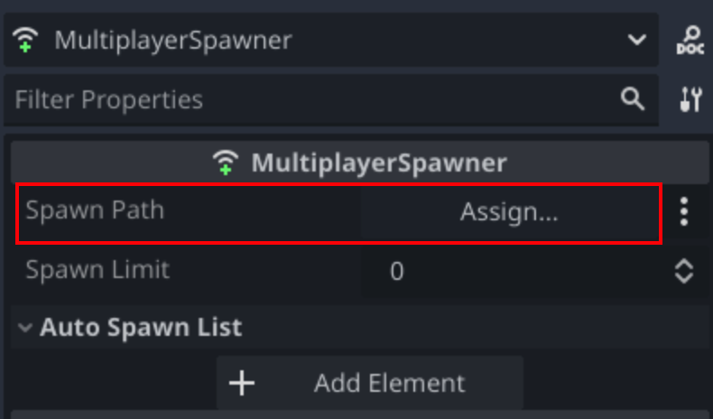 Assigning the "Spawn Path" property of the MultiplayerSpawner