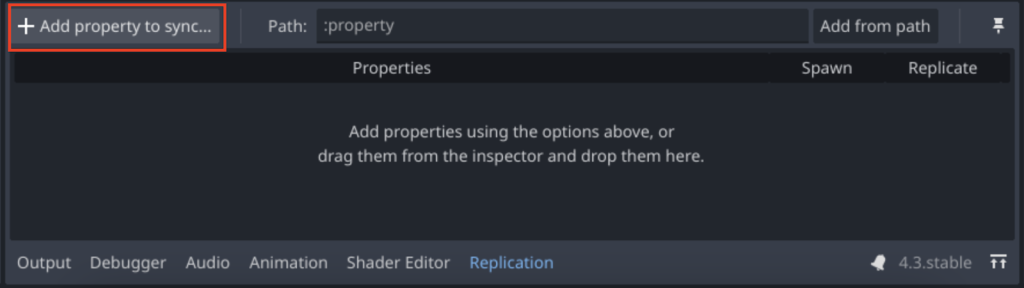 Adding properties to the MultiplayerSynchronizer property list using the Replication tab.