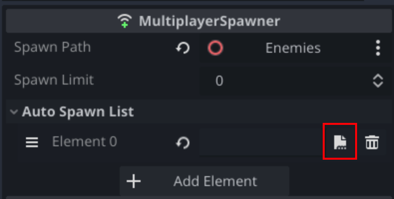 Highlighting the open file button in the auto spawn list element 0