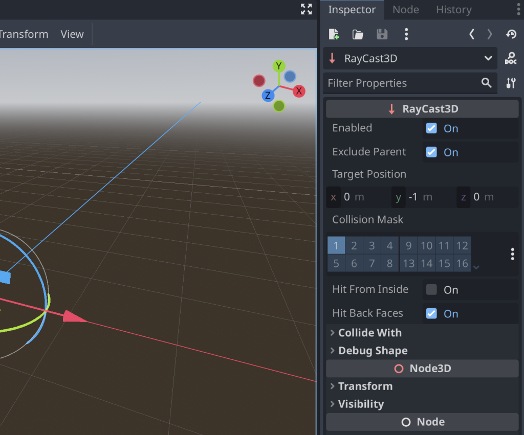 Showing the RayCast3D node settings