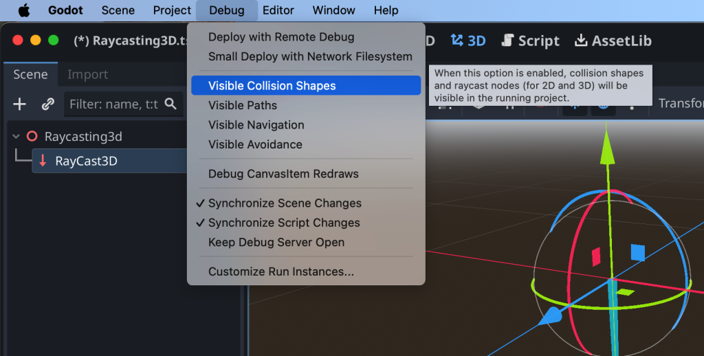 Showing how to enable the debug shapes whilst in play mode