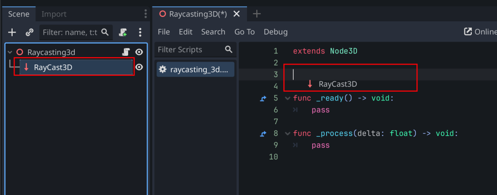 Dragging the RayCast3D node with the ctrl or cmd key held to create a on ready reference to the node