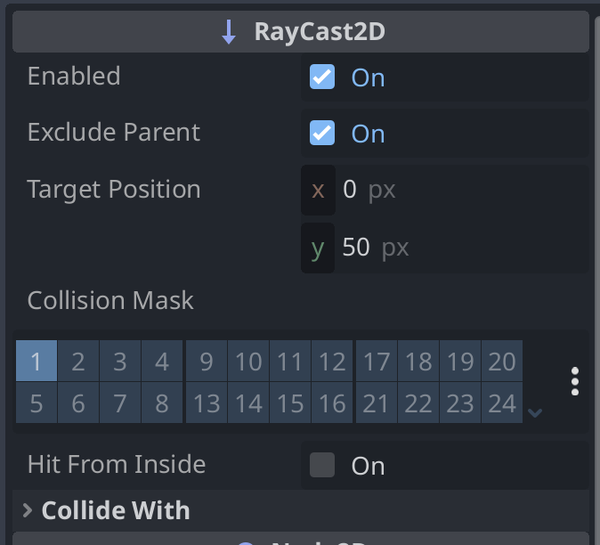 The available settings for the RayCast2D node