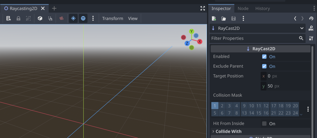 Showing the RayCast2D node settings