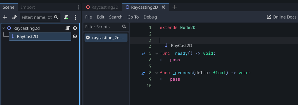 Dragging the RayCast2D node with the ctrl or cmd key held to create a on ready reference to the node