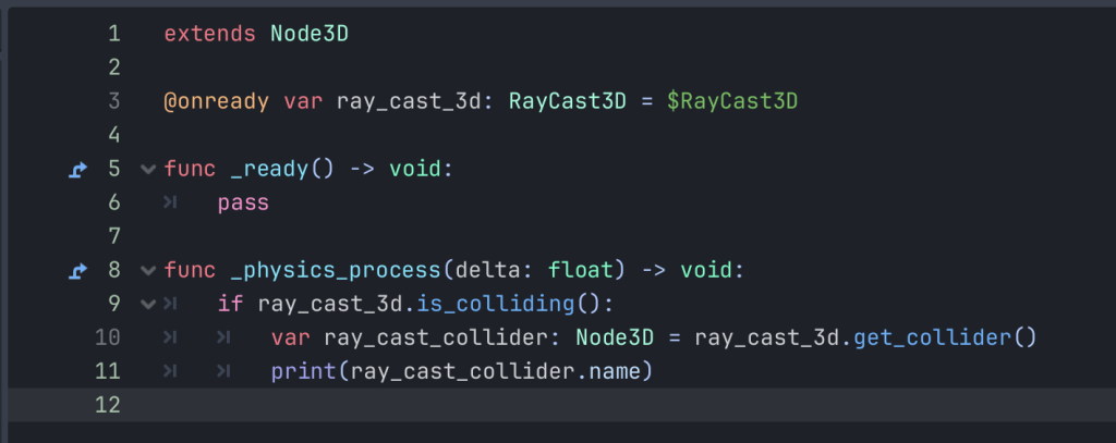 GDScript code showing how to use the RayCast3D node and print the name of the detected object