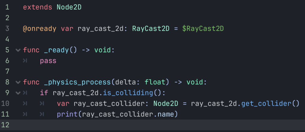 GDScript code showing how to use the RayCast2D node and print the name of the detected object