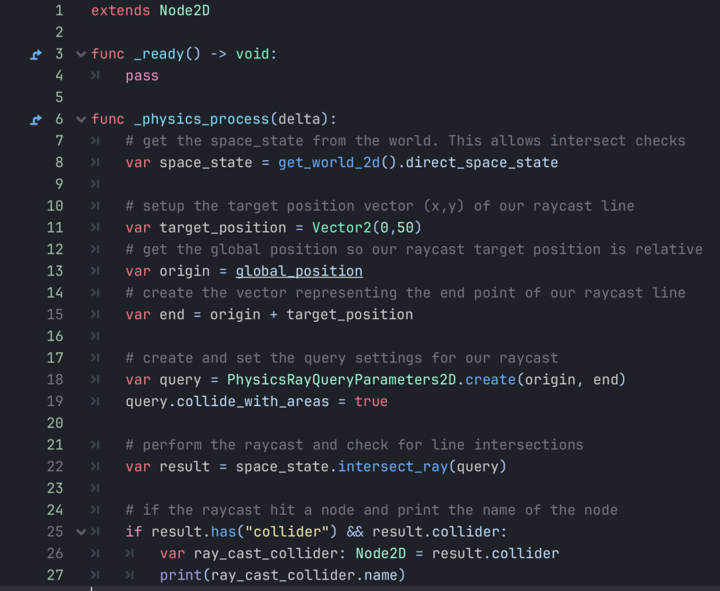 The full code that performs a raycast intersection check and prints the name of the collider in 2D space.