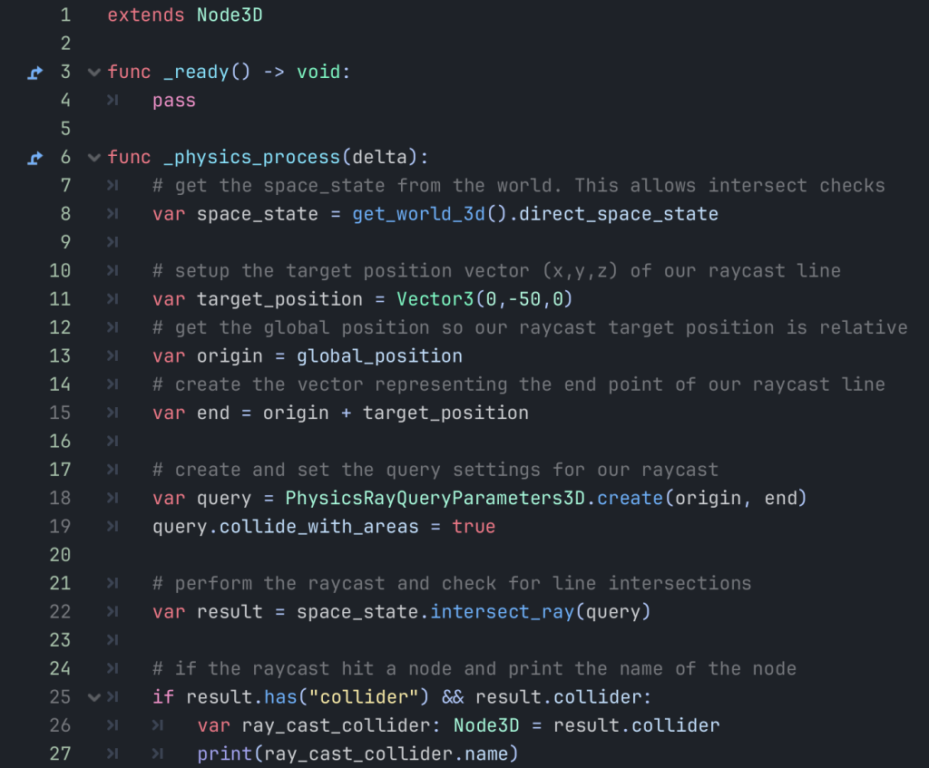 The full code that performs a raycast intersection check and prints the name of the collider in 3D space.