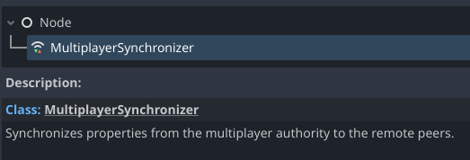 Showing the MultiplayerSynchronizer node in the node creation window.