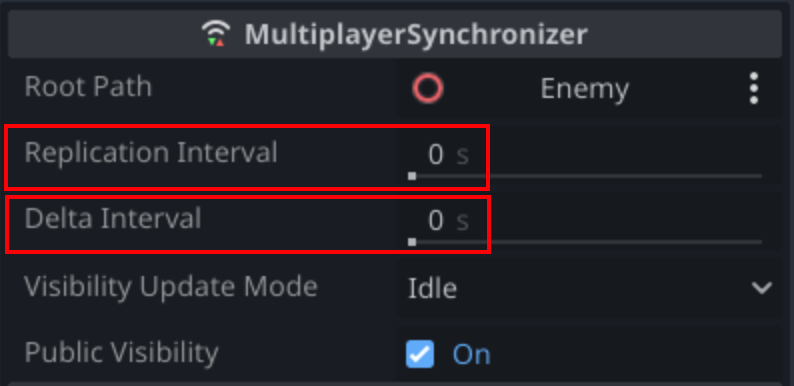 MultiplayerSynchronizer node inspector settings. Highliting Replication Interval and Delta Interval