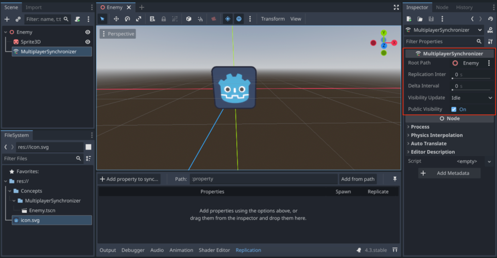 MultiplayerSynchronizer node inspector settings.