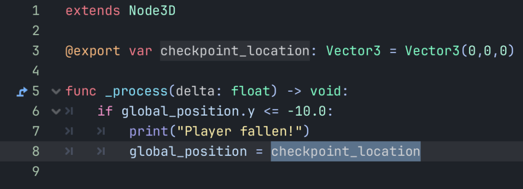 A code example showing the player moving to the checkpoint if they have fallen below y position -10.0