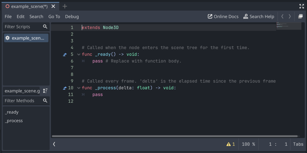 The new script in the script editor with the template code.