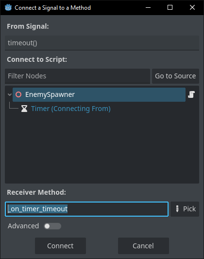 The connect signal menu asking which function to connect to the signal emit