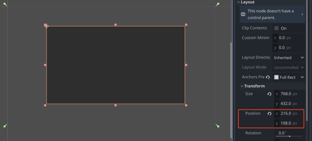 Setting the position to 216x108