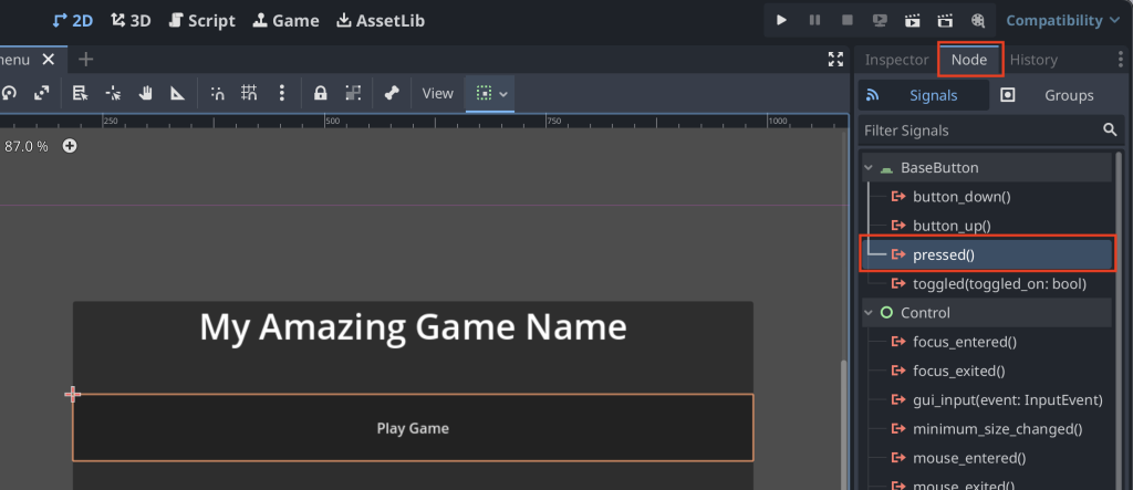 Clicking the Node tab and then double clicking the pressed signal