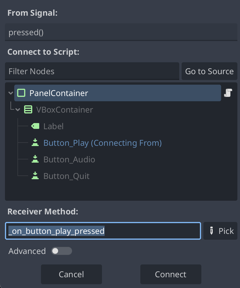 Adding our new pressed signal for the play game button