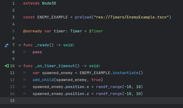 The GDScript code that spawns an enemy into the world each second and moves them apart from each other randomly