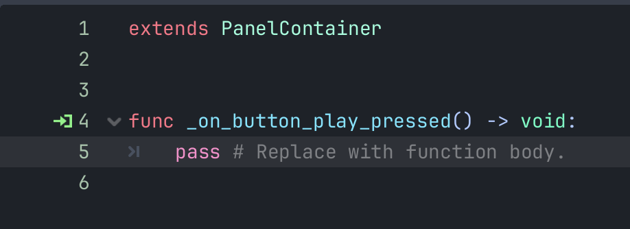 The newly created button play pressed function from our signal connection