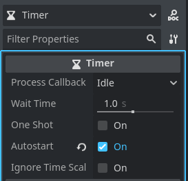 The demonstration timer setup with 1 second of wait time and autostart true