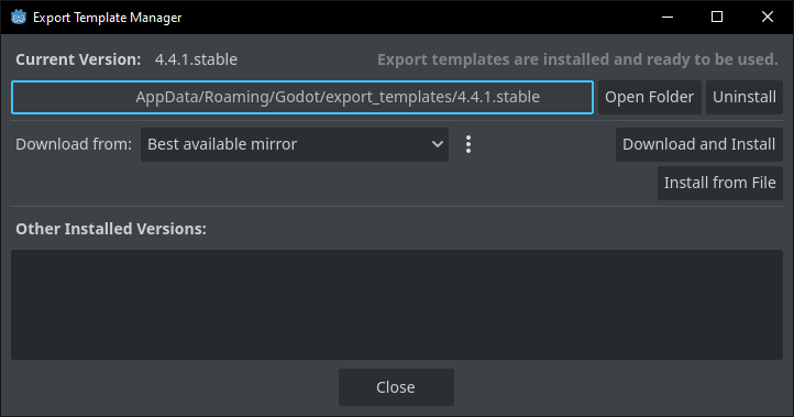 Showing the installed export templates in the editor