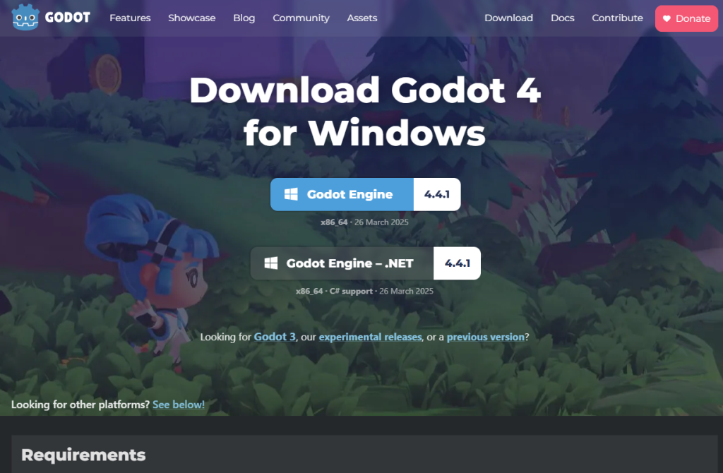 Showing the Godot official download website