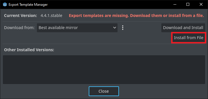 Installing the export templates from a file button