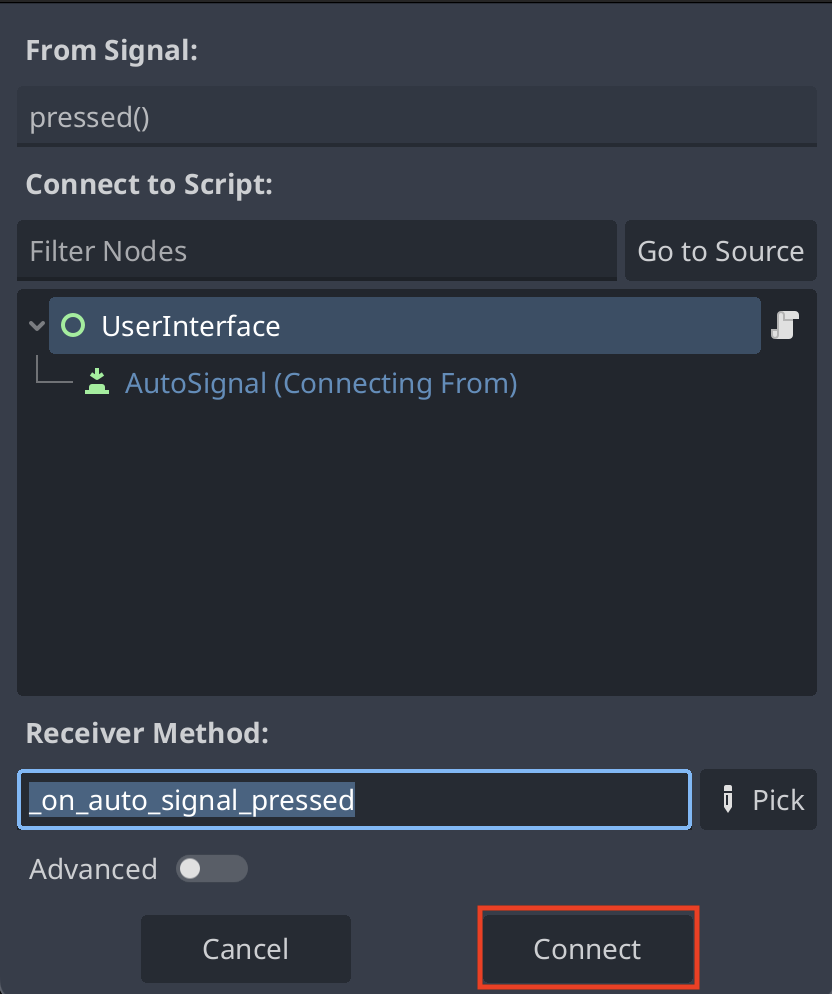 Connecting to the button signal in the editor and creating the function automatically