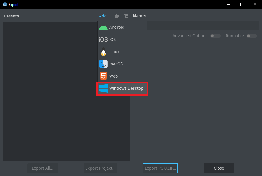Creating a new Windows Desktop export preset