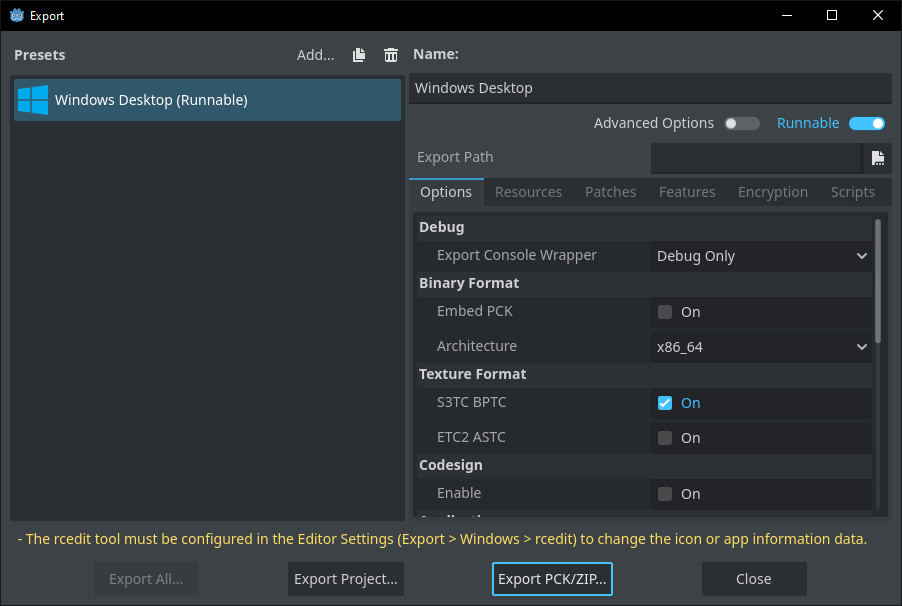 The newly created Windows Export preset