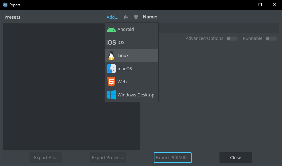 Creating the linux export preset