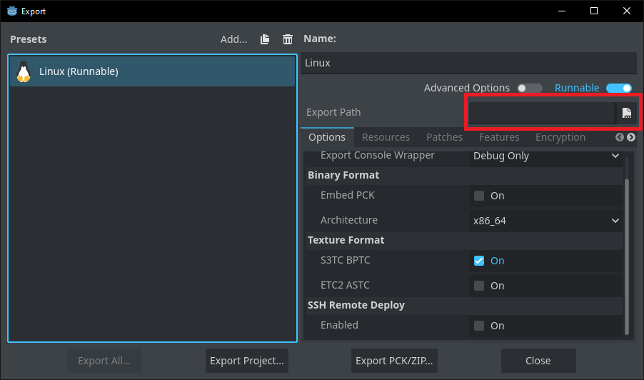 Setting the export path for the linux preset
