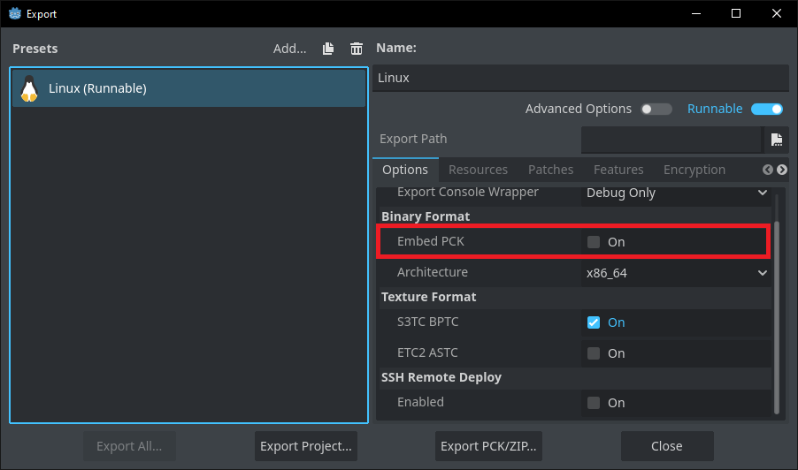 Setting the embed PCK option. This should be true to pack the files of your game inside the exectuable
