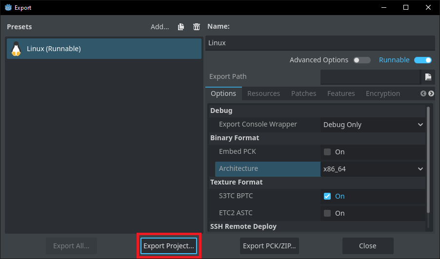 Exporting the project with the preset