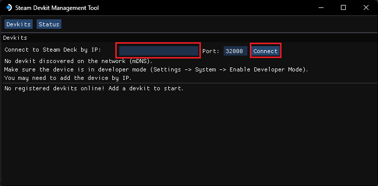 Input your Steam Deck ip address and press Connect