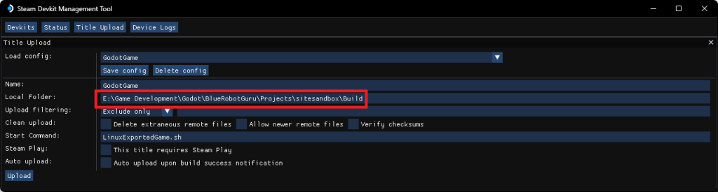 Setting the folder to the folder we exported our game to earlier