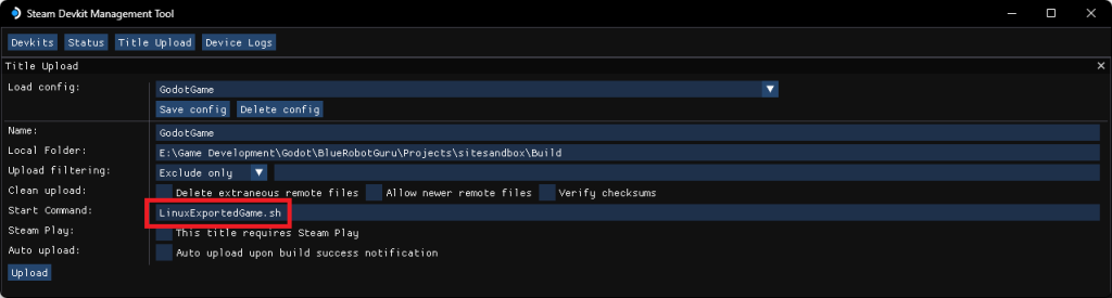 Set the start command to the .sh file inside of our exported folder