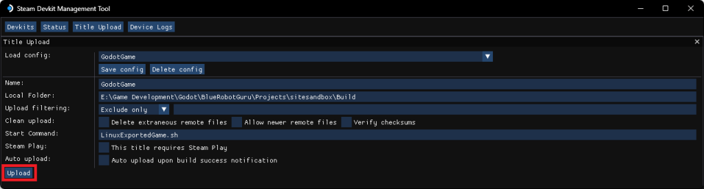 Click upload to upload the build to the Steam Deck wirelessly