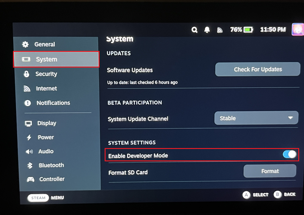 On the Steam Deck go to System and enable Developer Mode